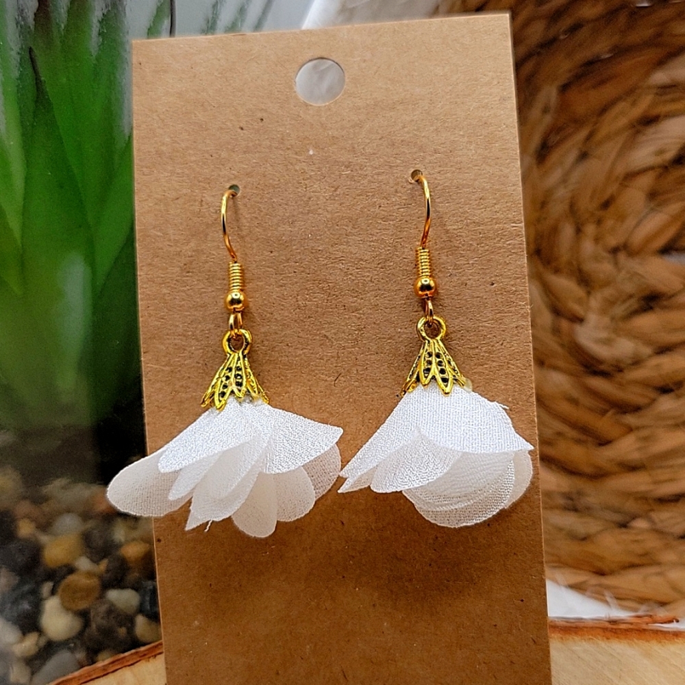 2/$10 white petal tassle earrings